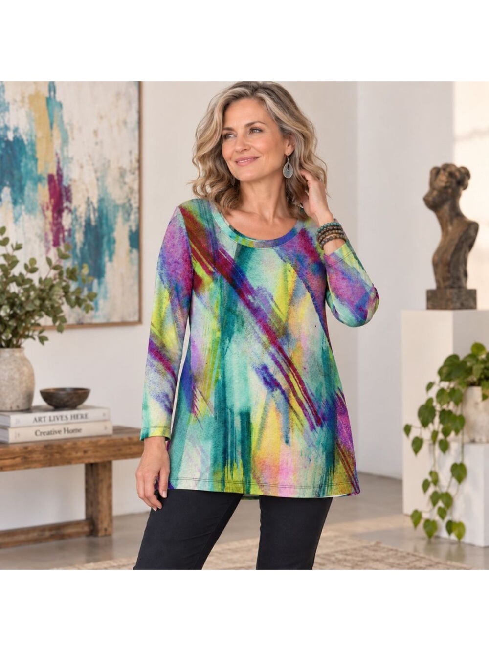 Soft Surroundings XL Multicolor Abstract Watercolor Long Sleeve Top